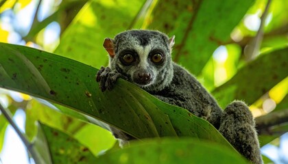 Obraz premium Lemur face peering through lush green leaves.