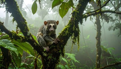 Obraz premium Lemur on mossy branch in tropical jungle.