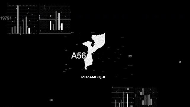 Mozambique map animation showcasing economy, infrastructure, technology, population, energy, trade, and national development data for presentations, films, documentaries, and motion graphics.