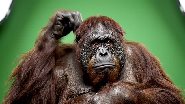 Portrait of a contemplative orangutan scratching its head with a thoughtful expression against a vivid green studio background