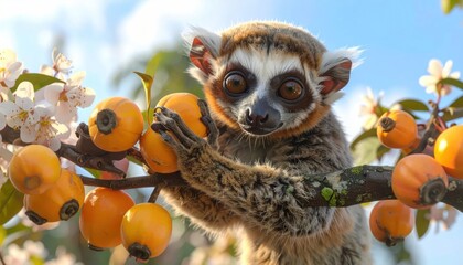 Naklejka premium Lemur holding orange fruits on tropical tree branch.