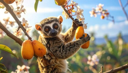 Naklejka premium Lemur holding orange fruit in blossoming spring branches