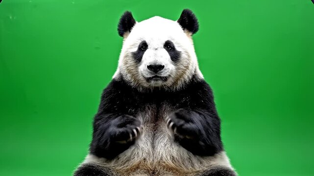 Giant Panda Clapping Hands in a Playful Motion Against a Solid Green Background Studio Portrait