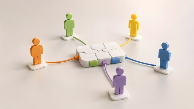 Colorful 3D human figures connected via cables to a central white puzzle block hub, symbolizing diverse team connectivity, centralized systems, and collaborative networks.
