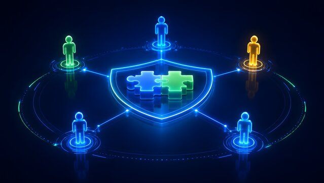 Glowing digital shield enclosing connected puzzle pieces surrounded by a network of neon human figures, conceptualizing cybersecurity teamwork and protected data networks.