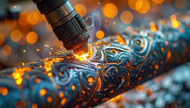 Laser engraving intricate pattern on metal.