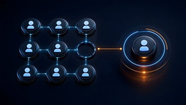 Digital talent acquisition and IT networking concept showing glowing profile nodes connecting to form a remote tech workforce.
