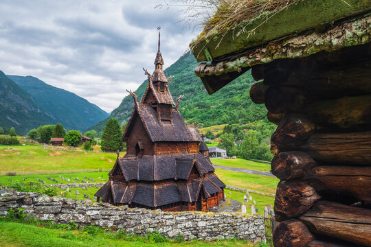 Scenic view of medieval wooden Borgund Stave church, Norway