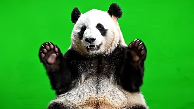 A giant panda clapping and performing joyful gestures against a vibrant green screen background for creative production