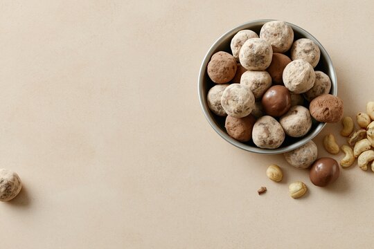 Overhead flat lay of assorted chocolate truffles in a metal bowl with scattered nuts on a warm beige table with ample copy space for food branding