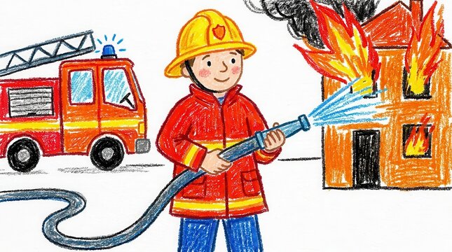 Colorful hand drawn crayon illustration of firefighter kid with helmet and fire truck, cute children's book style hero artwork design art