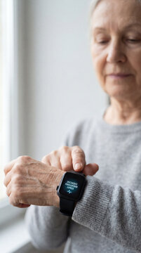 Senior woman starting breathing exercise reminder on smartwatch at home, authentic active aging concept showing independence confidence value value value value value value value value