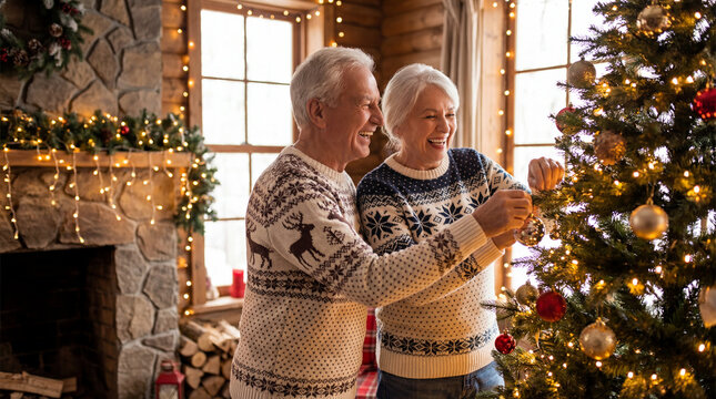 Joyful senior couple decorating Christmas tree inside cozy rustic holiday home, authentic active aging concept showing independence confidence value value value value value value value