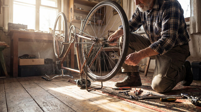 Senior man repairing rear bicycle wheel with hand tools inside home workshop, authentic active aging concept showing independence confidence value value value value value value value