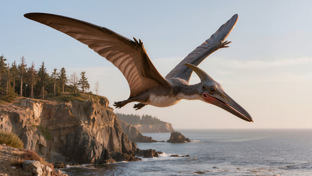 Realistic Pterodactyl Gliding Above Prehistoric Coastal Habitat