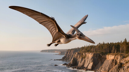 Fototapeta premium Realistic Pterodactyl Gliding Above Prehistoric Coastal Habitat