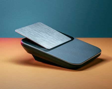 A brushed metal contactless card resting on a matte payment terminal reader with a soft satin finish for fintech and banking design resources