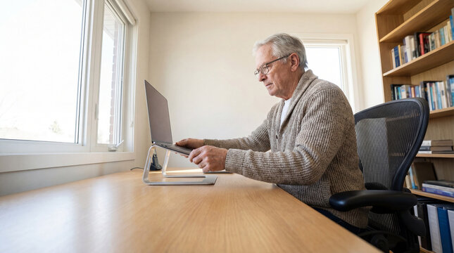 Senior man adjusting laptop on ergonomic stand at bright home office desk, authentic active aging concept showing independence confidence value value value value value value value value