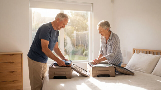 Happy senior couple packing clothing into suitcases together inside bedroom, authentic active aging concept showing independence confidence value value value value value value value