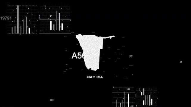 Namibia map animation showcasing economy, infrastructure, technology, population, energy, trade, and national development data for presentations, films, documentaries, and motion graphics.