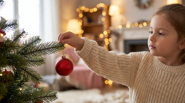 Young girl hanging red ornament on Christmas tree in cozy home showing festive preparation childhood wonder family tradition suited for campaigns about lifestyle wellness community