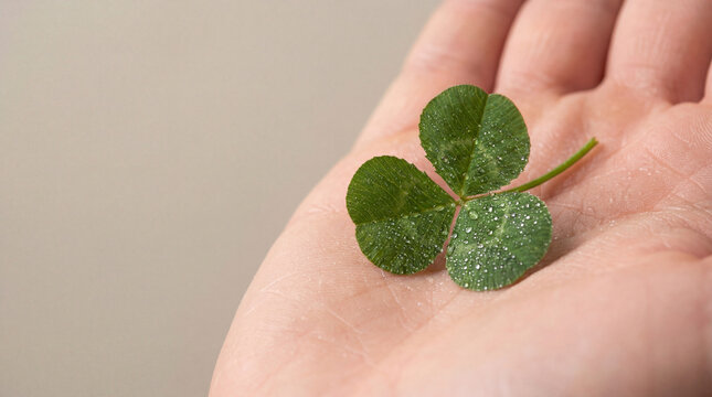 Four leaf clover with water droplets resting on open palm, rare luck symbol, hope, prosperity, fresh nature detail, positive opportunity, suitable for editorial themes, marketing campaigns,