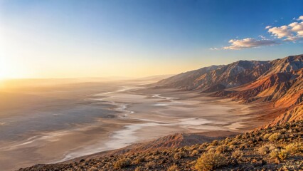 Obraz premium Desert mountain valley landscape at sunrise with rugged terrain and glowing golden light