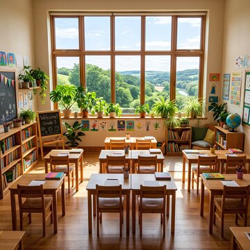 Bright Classroom with Large Window View of Green Landscape Ready for Learning