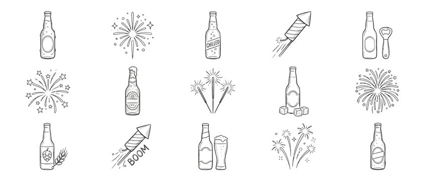 Hand Drawn Beer Bottles and Fireworks Celebration Icon Set