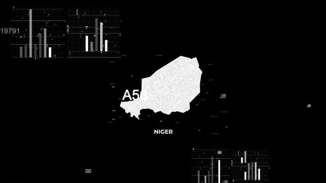 Niger map animation showcasing economy, infrastructure, technology, population, energy, trade, and national development data for presentations, films, documentaries, and motion graphics.