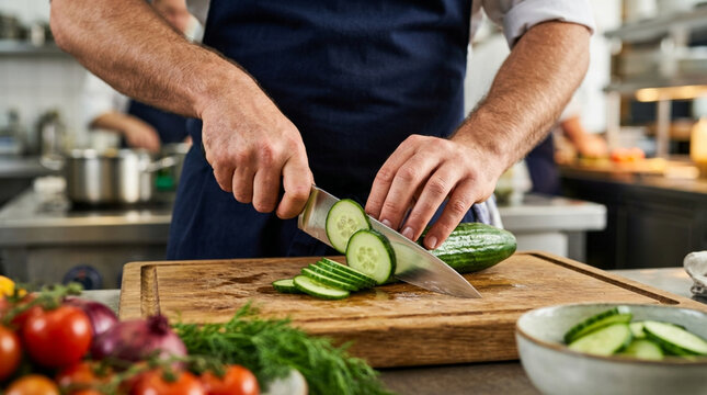 Chef cutting cucumber on wooden board in professional kitchen, preparing salad ingredients