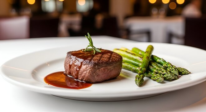 Gourmet Beef Fillet Steak with Asparagus and Sauce on White Plate