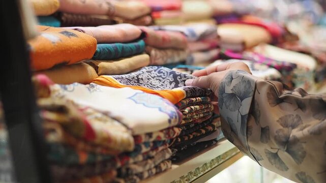 Shopping for scarves in a colorful market stall