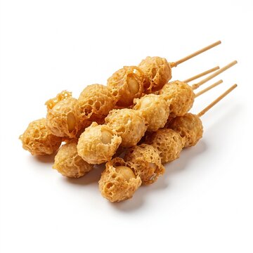 Indonesian street food Cilor fried tapioca balls wrapped in crispy egg layer on wooden skewers