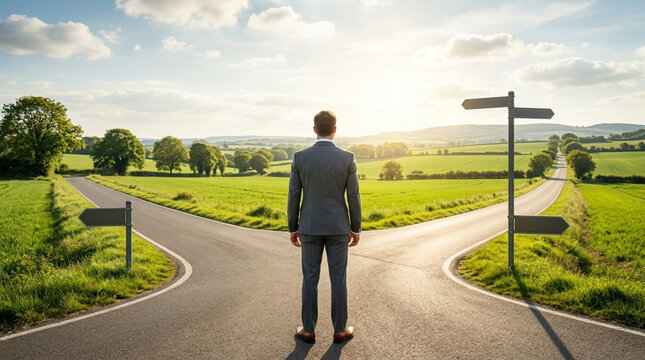 Businessman stands at crossroads, making a decision about future path