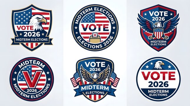 Collection of 2026 midterm election badges and emblems with american eagle and patriotic flag motifs