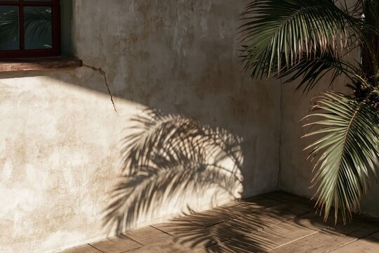 Tropical palm leaf shadow cast on a weathered stucco wall and wooden floor with warm sunlight for a serene background mockup
