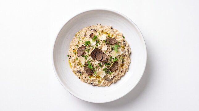 Creamy mushroom risotto with herbs on a round plate