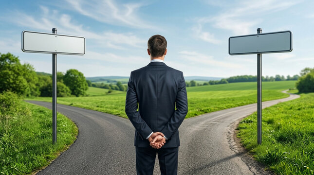 Businessman at a crossroads with two blank signs pointing in opposite directions