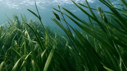Fototapeta premium Underwater grasses sway gently in clear blue water creating a serene natural aquatic scene with soft light filtering through