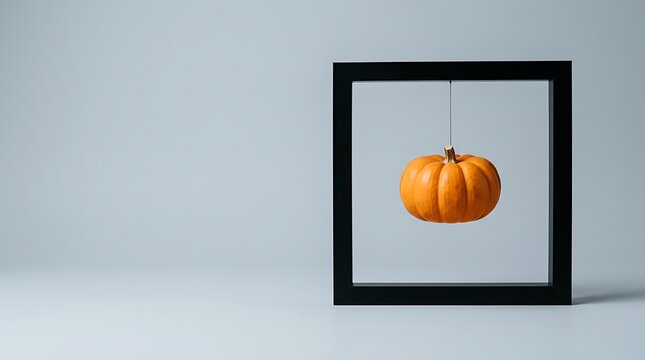 A vibrant orange pumpkin seemingly floats within a modern minimalist black framed display evoking the spirit of halloween
