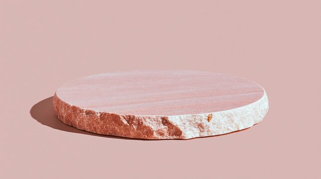 Natural stone slab podium with a chiseled edge on a muted rose background for product display, featuring a weathered texture and ample copy space