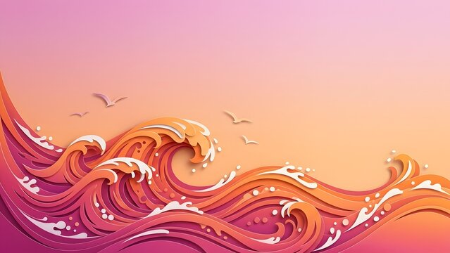 Paper cut style waves in orange and pink hues with seagulls flying in the gradient sky