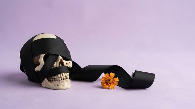 A hauntingly beautiful still life featuring a skull and a miniature pumpkin evoking the spirit of halloween and the ephemeral nature of