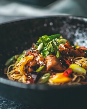 Savory Asian chicken stir fry with noodles, fresh vegetables and sesame in glossy sauce, captured close-up for appetizing restaurant, recipe, food delivery and dinner concepts