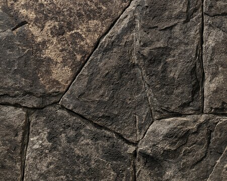 Dark riven fieldstone and basalt wall texture with deep charcoal and umber tones for dramatic architectural backgrounds and surface design