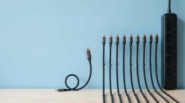 A row of black charging cables with one unplugged cord breaking the pattern against a blue wall for subscription management and cost saving themes