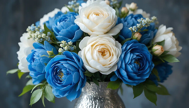 Close-up floral arrangement in textured silver vase featuring large deep blue and creamy white flowers with green leaves and small white blossoms