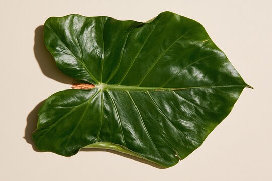 Lush green tropical leaf with waxy texture and deep veins on a cream background with copy space for wellness and skincare product mockups