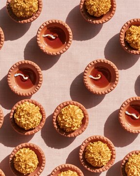 Seamless grid of terracotta diya lamps and yellow marigold flowers on a dusty rose cloth for Diwali festive packaging and pattern design